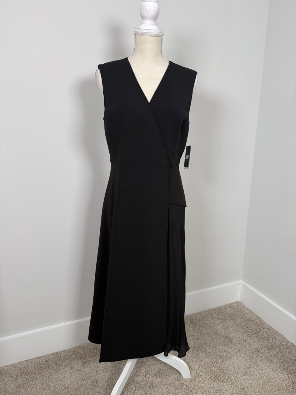 NEW w/TAGS DKNY Black Sleeveless Wrap Midi Dress with Pleated Panel